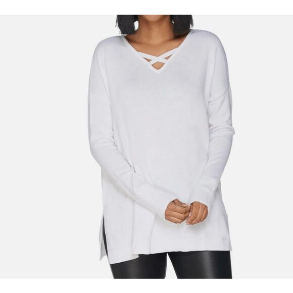 H by Halston Tunic Sweater Criss Cross Neckline Lightweight White Size Medium - Picture 1 of 11
